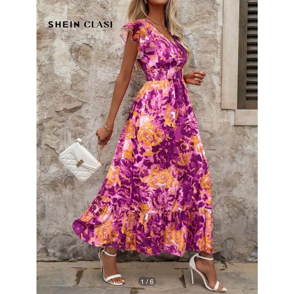SHEIN Women’s L Classic Surplice V-Neck Maxi Dress in Dopamine Orange/Purple Flo